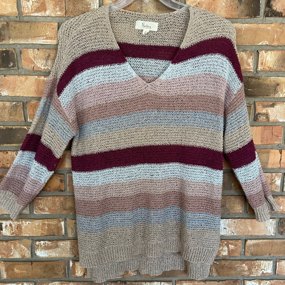Nurture by Westbound Multicolored Tan Striped V-Neck Pullover Sweater Large